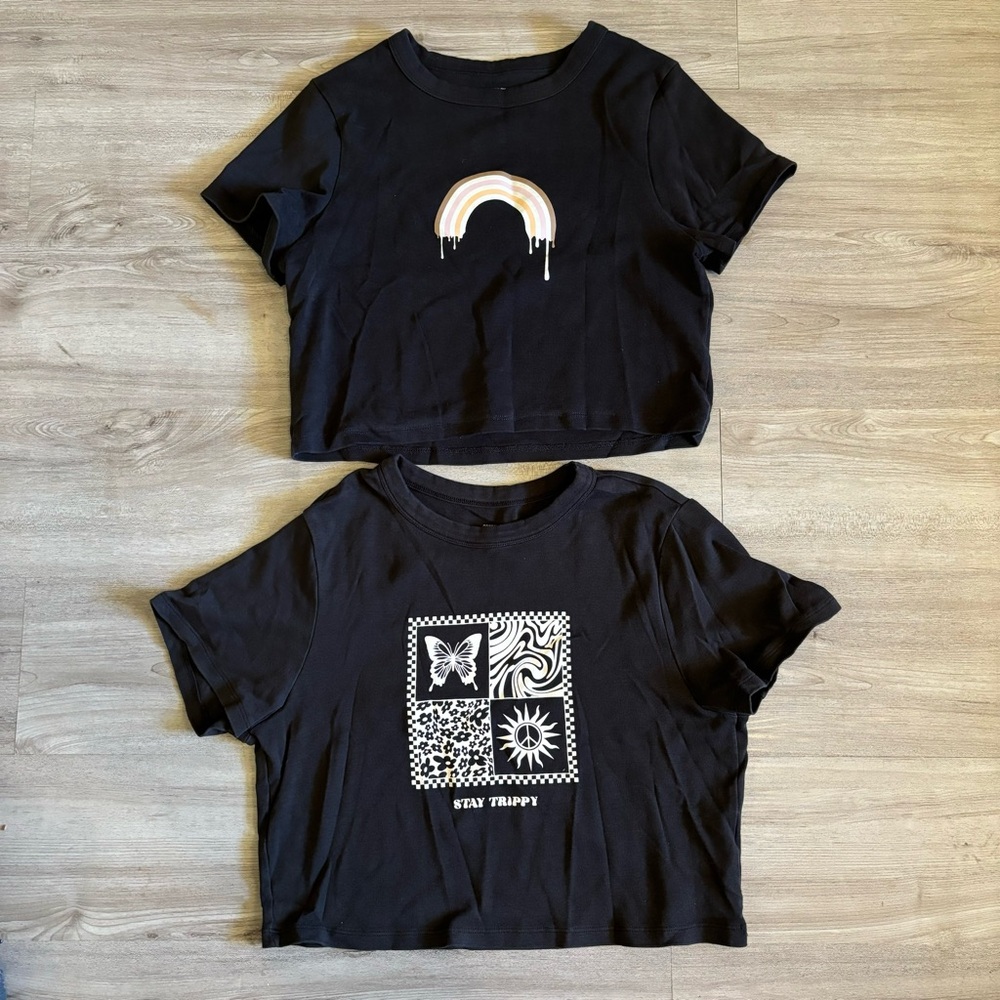 Set 2: Cotton On Women's L Micro Tee Black Rainbow & Trippy Graphic Crop Tee